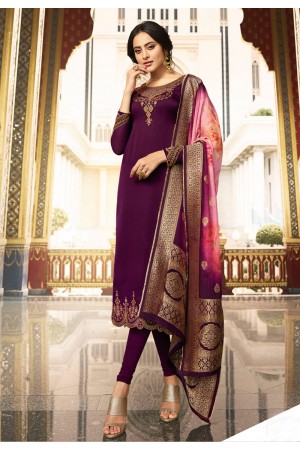 Purple satin embroidered churidar salwar kameez 78240