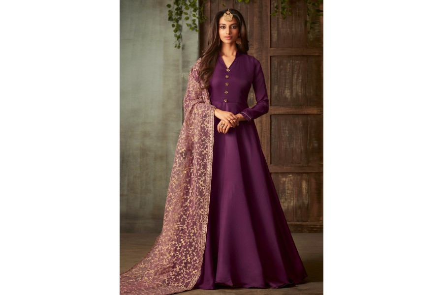 Embroidered Purple Chinnon Silk Festive Anarkali Suit main image 1