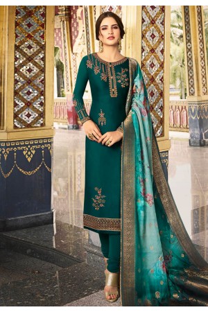 Teal satin embroidered churidar suit 78235