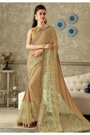 beige embroidered lycra saree with dupion silk blouse 10709