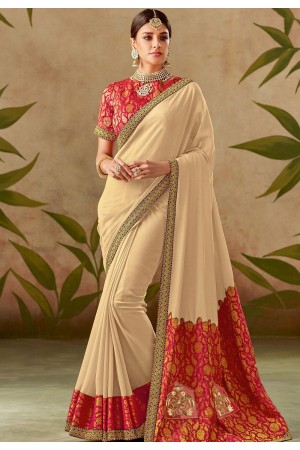 beige silk embroidery saree with brocade blouse 13108