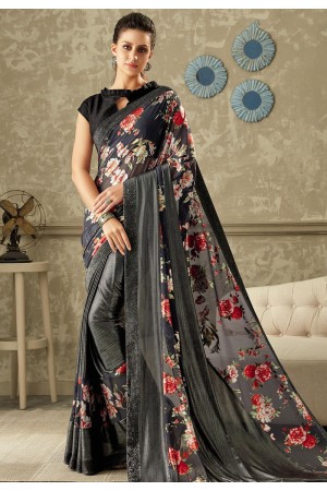 blue printed lycra saree with dupion silk blouse 10710