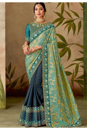 blue silk embroidery saree with raw silk blouse 13105