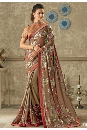 brown printed lycra saree with art silk blouse 10702