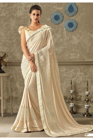 cream embroidered lycra saree with dupion silk blouse 10714