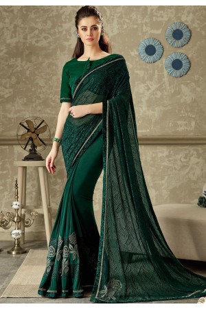 green flower printed lycra saree with raw silk blouse 10721