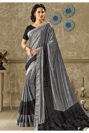 grey black embroidered lycra saree with dupion silk blouse 10708