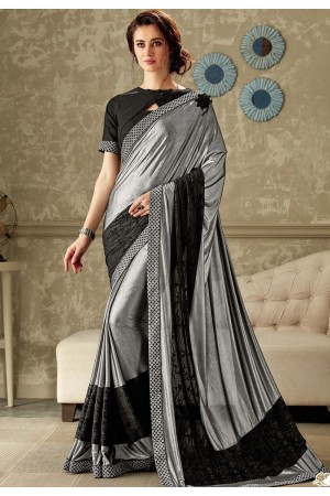 grey black embroidered lycra saree with raw silk blouse 10706