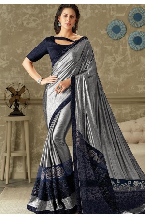 grey blue embroidered lycra saree with dupion silk blouse 10701