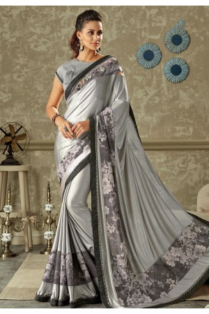 grey embroidered lycra flower printed saree with dupion silk blouse 10712