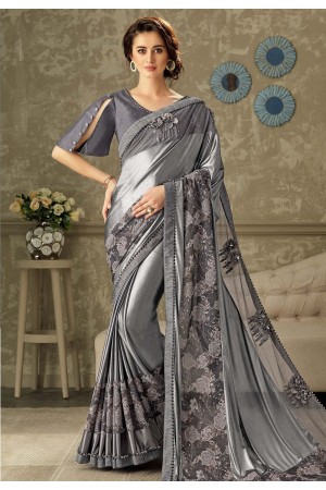 grey embroidered lycra saree with raw silk blouse 10704