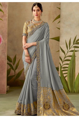 grey silk embroidery saree with brocade blouse 13107