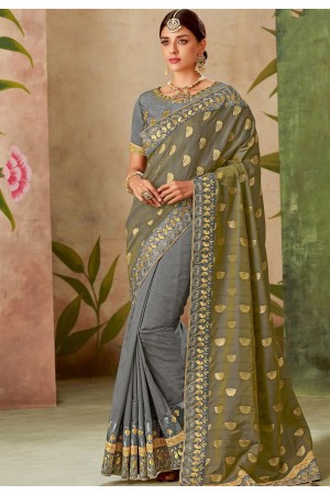 grey silk embroidery saree with raw silk blouse 13115