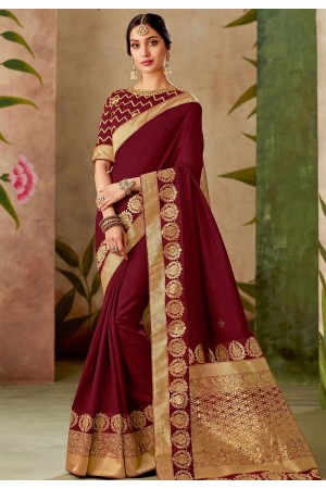 maroon silk embroidery saree with raw silk blouse 13112