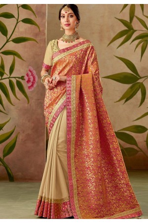 orange and beige silk embroidery saree with raw silk blouse 13110