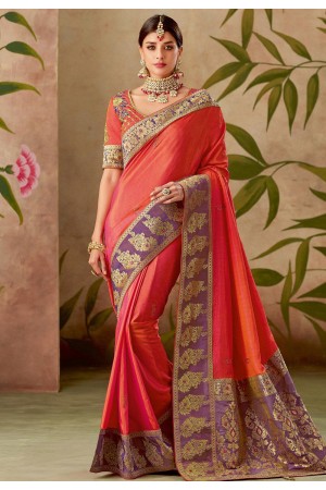 orange dual tone silk embroidery saree with raw silk blouse 13106