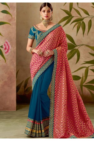 pink and blue silk embroidery saree with raw silk blouse 13109