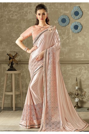 pink embroidered lycra net saree with raw silk blouse 10703