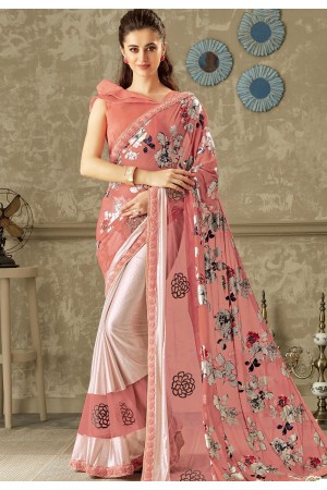 pink flower printed lycra saree with dupion silk blouse 10718