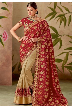 red beige silk embroidery saree with raw silk blouse 13104
