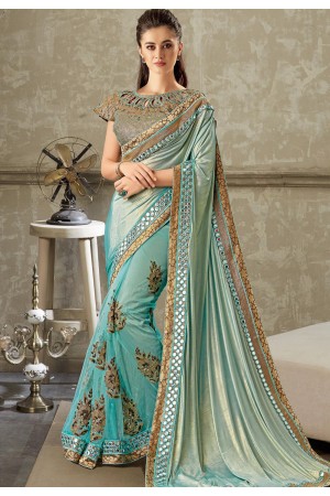 sky blue embroidered lycra net saree with brocade blouse 10716