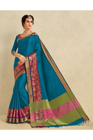 Arianna Peacock Blue Cotton Designer Saree