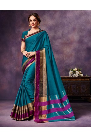 Mysha Turquoise Blue Festive Wear Cotton Saree