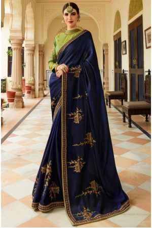 Royal blue Barfi silk saree Indian wedding saree double blouse