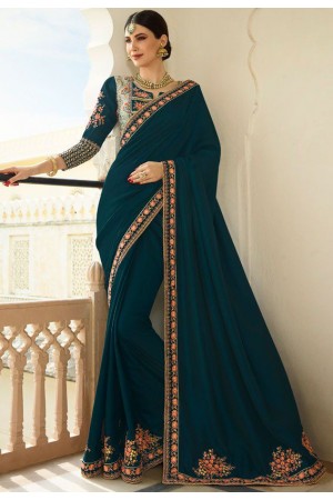 Cyan Color Barfi silk saree Indian wedding saree double blouse