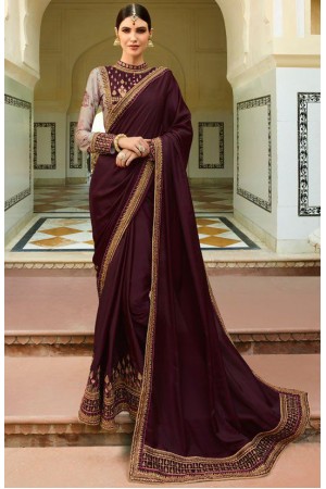 Wine Color Barfi silk saree Indian wedding saree double blouse