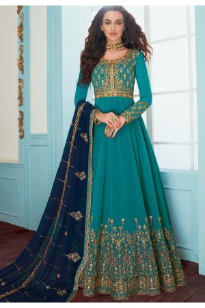 blue georgette floor length anarkali suit 7081