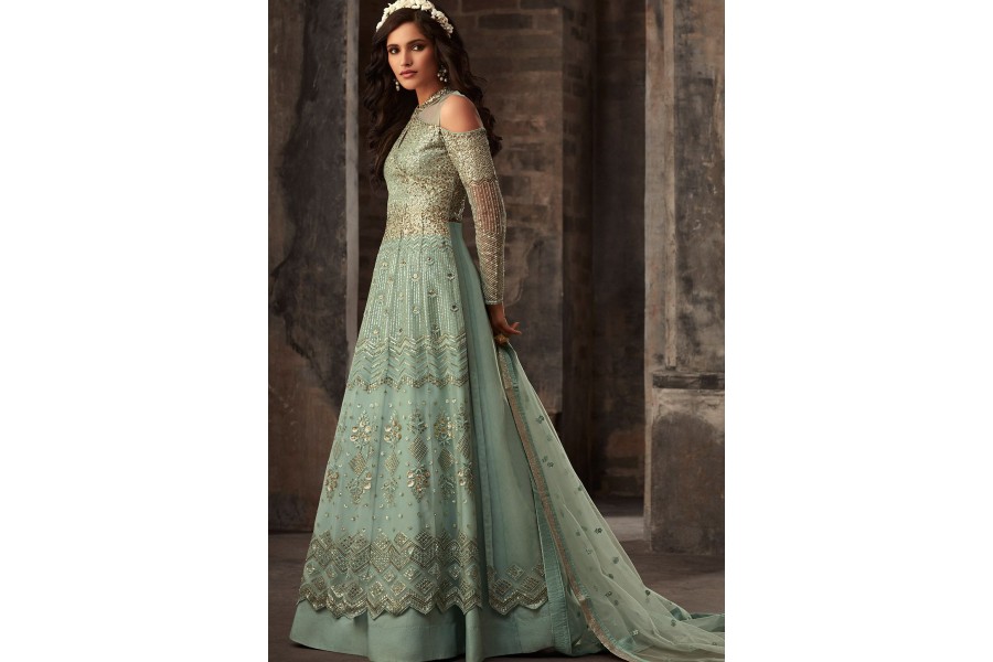Classic Blue Pant style Anarkali Soft Net