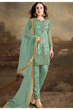 blue shade net silk embroidered pakistani trouser suit 30026