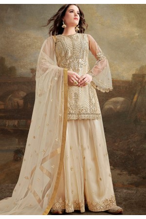cream net silk embroidered pakistani palazzo suit 30030