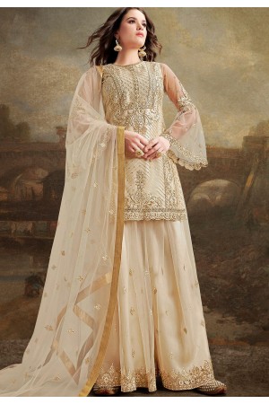 cream net silk embroidered pakistani palazzo suit 30030