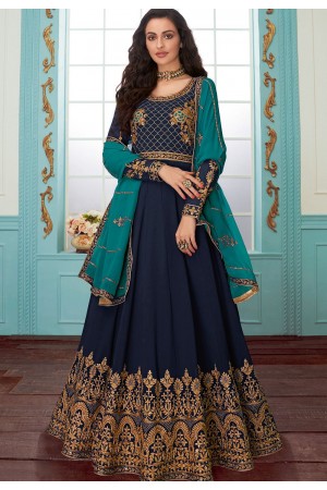 dark blue georgette floor length anarkali suit 7079