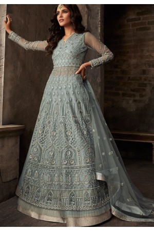 grey net embroidered designer anarkali suit 33004