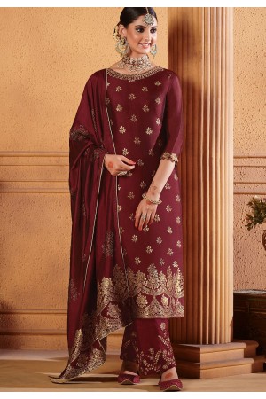 maroon dola jacquard palazzo style suit 8503