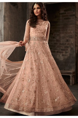 peach net embroidered designer anarkali suit 33001