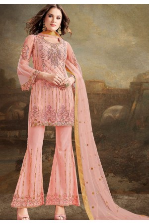 pink net silk embroidered pakistani trouser suit 30032