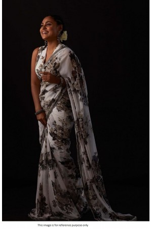 Bollywood model georgette brown and black floral print saree in white