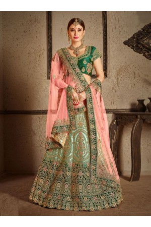 Green satin silk Indian Wedding lehenga choli 8001