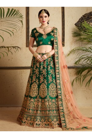 Green satin wedding lehenga choli 1303