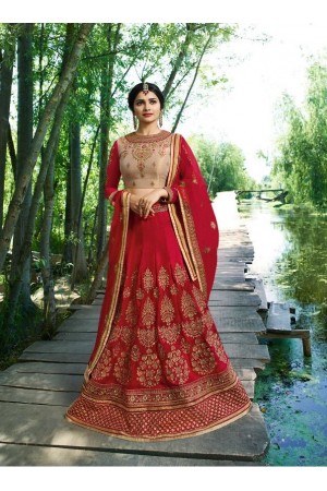 Prachi Desai Red beige silk wedding wear lehenga choli 19771