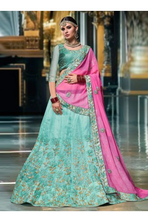 Sea blue color Organza wedding lehenga choli 1109