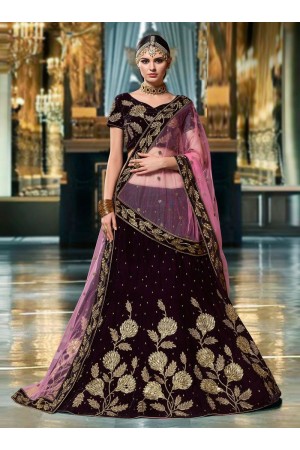 Wine color velvet wedding lehenga choli 1105