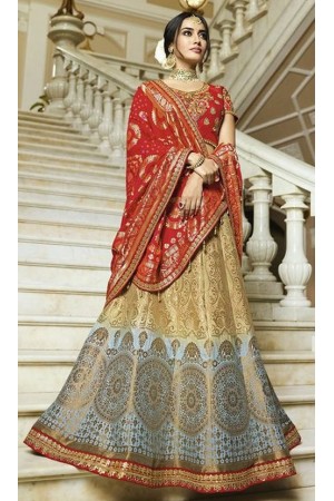 Blue beige shaded silk Indian wedding lehenga 13162