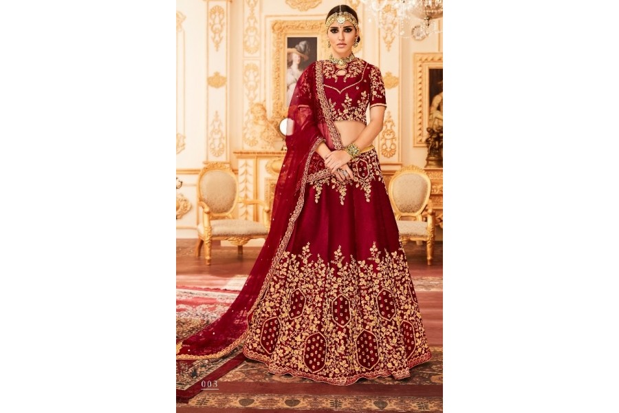 Maroon And Grey Classy Combination Silk Lehenga Choli - Rent