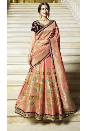 Peach silk Indian wedding lehenga 13163