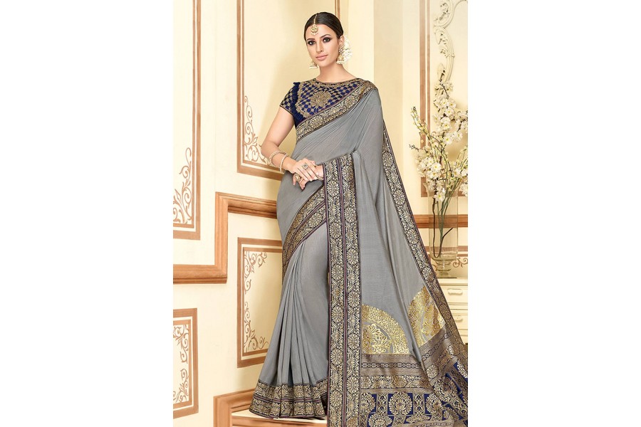 Steel Grace Embroidered Silk Saree with Fall & Pico Fully Stitched Blouse main image 1